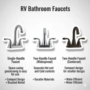 A graphic showing different types of RV bathroom faucet, including single-handle and two-handle models.