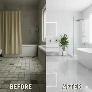 A striking before and after comparison of a bathroom floor, highlighting the dramatic transformation achieved with a new epoxy bathroom floor.