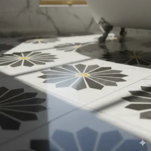 "Close-up detail of a beautiful marble daisy tile floor bathroom pattern, showcasing the intricate design and natural veining." 