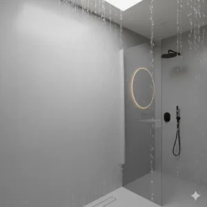 Close-up of a walk-in shower with waterproof microcement bathroom walls