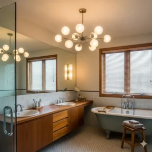 A Sputnik chandelier adds playful mid-century bathroom lighting with frosted glass globes to a vintage bathroom.