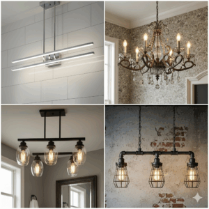 A collection of different bathroom chandelier styles, including a sleek, minimalist design and a classic, multi-tiered one, highlighting their versatility.