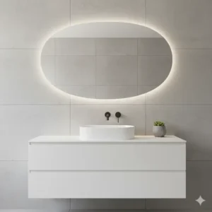 "Stylish frameless oval bathroom mirror over a minimalist vanity, enhancing a chic, modern aesthetic."