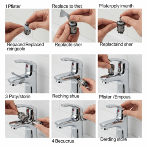 An illustration showing how to replace a Pfister bathroom faucet cartridge.