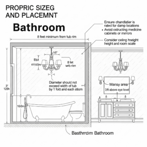 A diagram illustrating proper sizing and placement of a bathroom chandelier to ensure it's proportional to the bathroom and hung at the correct height for safety and aesthetics.