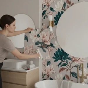 A person easily installing bathroom wallpaper peel and stick, highlighting the simple and user-friendly DIY application.