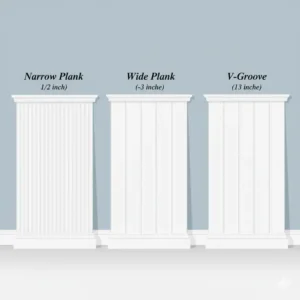 An illustration showcasing different styles of beadboard, including narrow and wide plank options, suitable for various bathroom aesthetics, exploring beadboard in bathroom styles. 