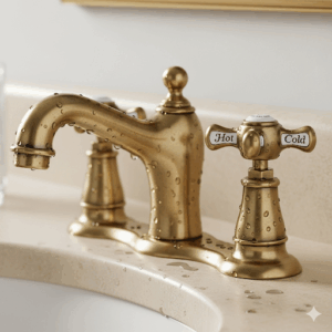 Close-up of a vintage-style centerset bathroom faucet made of solid brass with a two-handle design.