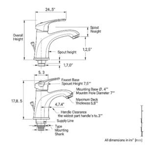 Detailed diagram illustrating the dimensions and measurements of a Delta single lever bathroom faucet, useful for ensuring proper fit. 