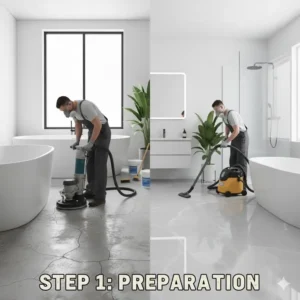 A visual representation of the meticulous preparation involved in installing an epoxy bathroom floor, including cleaning and leveling the subfloor.