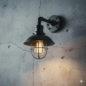 An industrial-style black bathroom sconce with a cage shade, complementing the rustic wood and exposed brick of a bathroom wall.