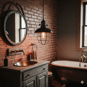 An industrial-style bathroom pendant light with a black metal cage shade hangs in a rustic bathroom, complementing the exposed brick wall and vintage fixtures.