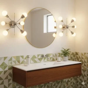 A pair of classic atomic-era wall sconces provides ideal mid-century bathroom lighting, flanking a circular mirror.