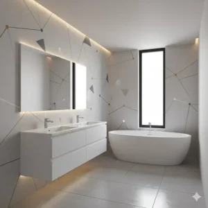 Contemporary bathroom interior showcasing modern geometric bathroom decals walls for a clean, minimalist look
