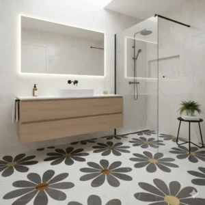 "Modern marble daisy tile floor bathroom design, paired with sleek fixtures and minimalist decor, creating a chic ambiance." 