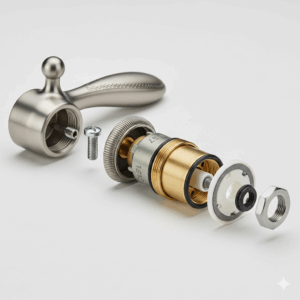 Detailed image of a Pfister bathroom faucet handle and its internal components for repair.