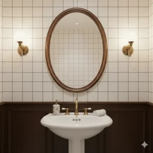 Classic oval bathroom mirror with a bronze finish frame, adding a touch of traditional elegance to a powder room