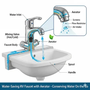 A diagram illustrating a water-saving RV bathroom faucet with an aerator to conserve water.