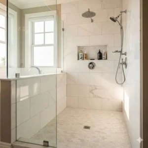 An elegant shower with a marble basketweave bathroom floor, providing a beautiful non-slip surface in a luxury bathroom. 