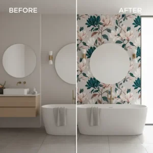 Before and after photos of a bathroom showing the dramatic transformation using bathroom wallpaper peel and stick.