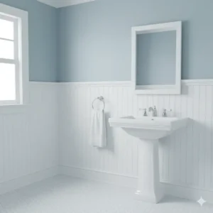 A visual example of beadboard installed on the lower half of a bathroom wall, providing a traditional wainscoting look and protecting walls from moisture, featuring beadboard in bathroom half-wall setup. 