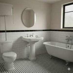 A vintage-inspired black and white tile floor bathroom showcasing elegant wainscoting.