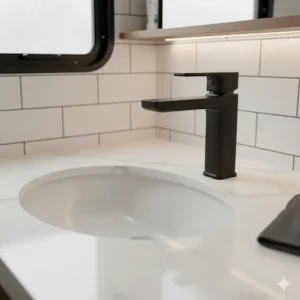 An image of a stylish matte black RV bathroom faucet against a light-colored countertop.