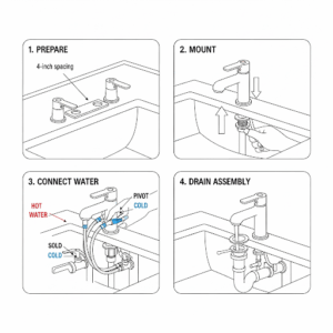 Step-by-step diagram illustrating the proper installation of a centerset bathroom faucet into a countertop or sink.