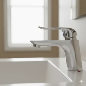 A side-view close-up of the single lever on a Delta single lever bathroom faucet, highlighting its ergonomic handle for effortless temperature and flow control.