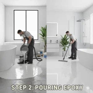 A close-up shot of liquid epoxy resin being expertly poured and spread to create a smooth, self-leveling epoxy bathroom floor.