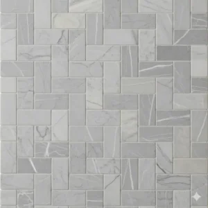 A sample of gray marble basketweave bathroom floor tile, perfect for creating a sophisticated and timeless look