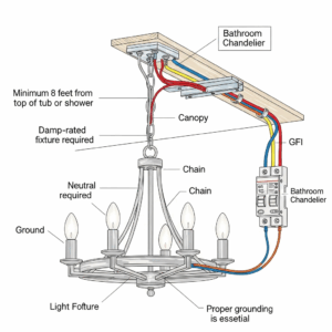  Close-up shot of an electrician safely installing a damp-rated bathroom chandelier, showing the wiring and mounting bracket, emphasizing the importance of professional installation. 