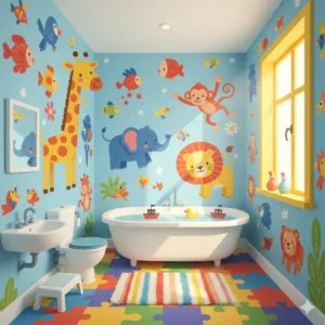 Playful children's bathroom with colorful animal-themed bathroom decals walls, perfect for a fun atmosphere