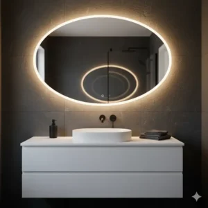 "Contemporary oval bathroom mirror with integrated LED backlighting, providing ideal illumination for grooming."