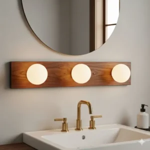 A sleek, horizontal vanity light fixture with a walnut wood backplate exemplifies mid-century bathroom lighting design. 