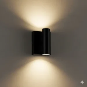  A sleek, modern black bathroom sconce with a minimalist design, adding a touch of sophisticated simplicity above a basin.