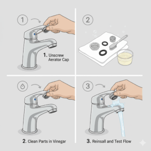 Instructions on how to remove and clean a Pfister bathroom faucet aerator.