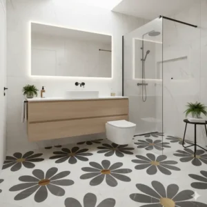 "Compact marble daisy tile floor bathroom design, maximizing space with smart fixtures and bright finishes." 