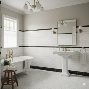  A complete bathroom design featuring a marble basketweave bathroom floor that complements a classic subway tile wall.