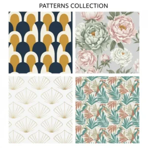 A collage of various patterns available for bathroom wallpaper peel and stick, including geometric, floral, and abstract designs.