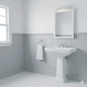 Illustration of a bathroom with beadboard painted in a soft gray color, demonstrating how paint can enhance and personalize the beadboard's texture and overall bathroom decor, highlighting painted beadboard in bathroom. 