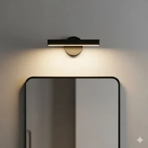 A single black bathroom sconce mounted directly above a round mirror, providing downward light for grooming tasks.