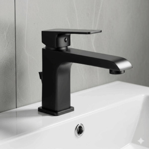 A stylish matte black centerset bathroom faucet with a single handle lever, perfect for a contemporary bathroom design.