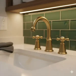 A close-up of a brushed brass RV bathroom faucet, highlighting its durability and classic design.