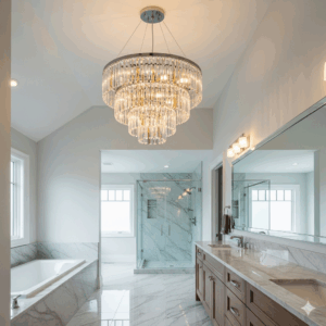 A stunning crystal bathroom pendant light fixture dangles from the ceiling, adding a touch of glamour and sophistication to a high-end master bathroom.