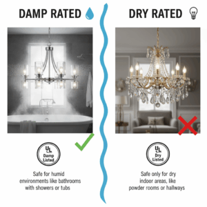 An infographic comparing a damp-rated bathroom chandelier, suitable for humid environments, with a dry-rated one, showing where each can be safely used in a bathroom. 