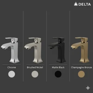 A comparison chart showing the different finishes available for Delta single lever bathroom faucets, including chrome, brushed nickel, and matte black. 
