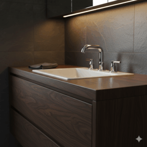 Detailed shot of the single lever handle of the Delta Trinsic bathroom faucet, highlighting its smooth operation and ergonomic feel.