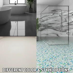 A collage of various epoxy bathroom floor designs and colors, demonstrating the wide range of customizable aesthetic options available.