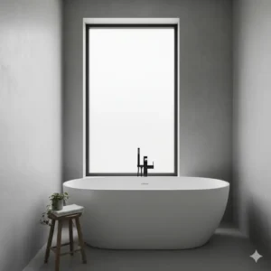 A freestanding bathtub surrounded by seamless microcement bathroom walls.